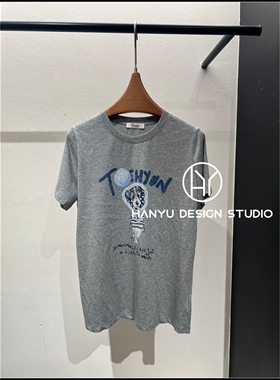 【韩钰DESIGN】26夏季新款 灰色卡通可爱小狗印花短袖T恤女