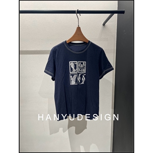 藏青色通勤风圆领刺绣短袖 26早春新款 T恤女 韩钰DESIGN