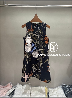 【韩钰DESIGN】26夏季新款 黑色气质度假风印花无袖连衣裙女