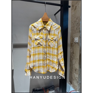 100%亚麻复古格纹衬衫 26早春新款 女黄色 韩钰DESIGN