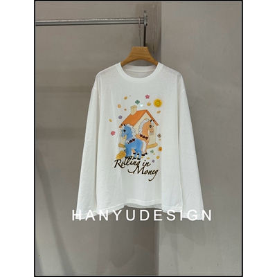 【韩钰DESIGN】26早春新款 慵懒风韩系卡通印花长袖T恤女