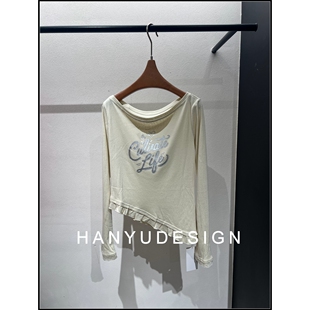 亚麻设计感斜肩露肩长袖 26早春新款 T恤女 韩钰DESIGN