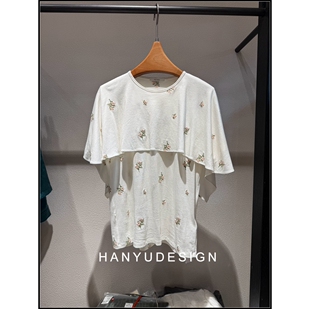 白色羊毛小花朵刺绣短袖 26早春新款 T恤女 韩钰DESIGN