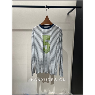 休闲风条纹绿色数字印花长袖 26早春新款 T恤女 韩钰DESIGN