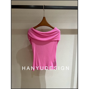 100%绵羊毛一字肩翻边粉色短袖 26早春新款 T恤 韩钰DESIGN