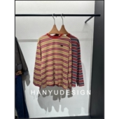 韩钰DESIGN 时尚 撞色条纹圆领廓形长袖 T恤打底衫 女