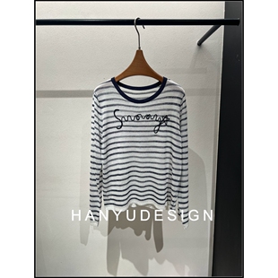 亚麻韩系字母刺绣条纹长袖 26早春新款 T恤女 韩钰DESIGN