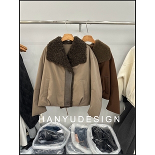 皮毛一体大毛领90白鹅绒羽绒服女短款 韩钰DESIGN