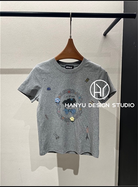 【韩钰DESIGN】26夏季新款 灰色修身休闲风印花短袖T恤女