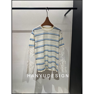 条纹百搭蕾丝袖 26早春新款 假两件T恤女 韩钰DESIGN