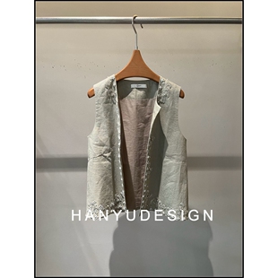 100%亚麻时尚 26早春新款 百搭刺绣马甲女 韩钰DESIGN