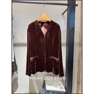 100%桑蚕丝酒红色复古V领衬衫 26早春新款 女 韩钰DESIGN