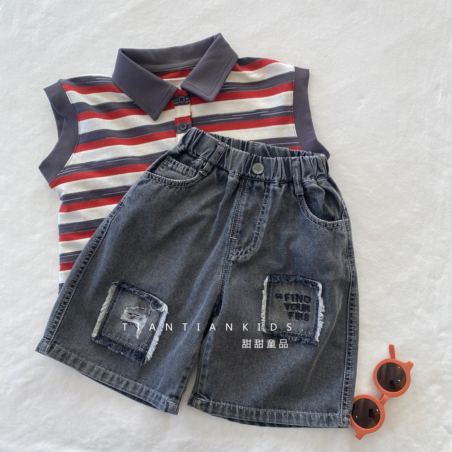 【小童90-130码】潮酷破洞牛仔裤男女童夏款儿童洋气刺绣短裤