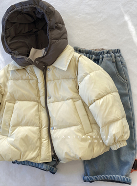 【中童110-160】男童拼色羽绒服冬女双面穿连帽淡黄色羽绒面包服