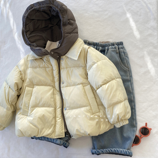 男童拼色羽绒服冬女双面穿连帽淡黄色羽绒面包服 160 中童110