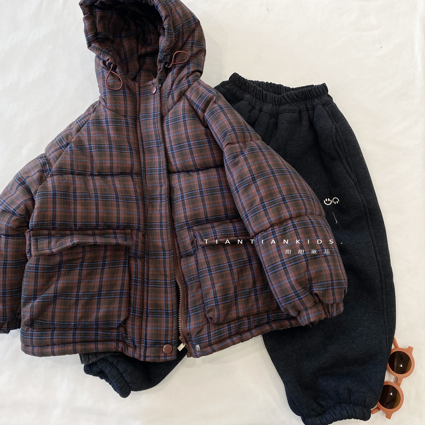 格子连帽100-140冬款保暖