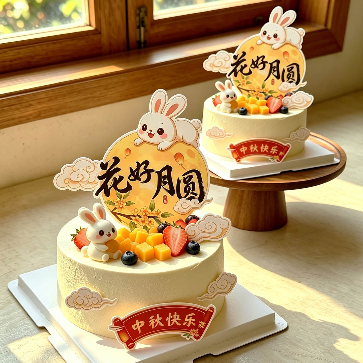 2026中秋节快乐蛋糕装饰插牌月满中秋花好月圆玉兔月饼甜品台插件