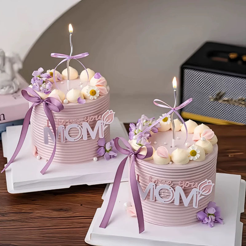 2026母亲节蛋糕装饰我爱妈妈亚克力郁金香MOM插件紫色丝带蝴蝶结