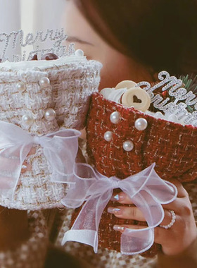 网红色格纹小香风蛋糕围边圣诞节花束蛋糕装饰插件生日丝带MC插牌