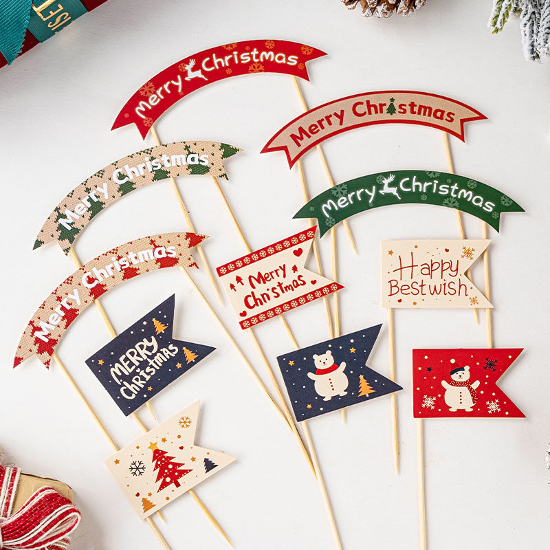 2025圣诞节蛋糕装饰插旗ins风小熊圣诞老人小旗拱门甜品插牌包邮