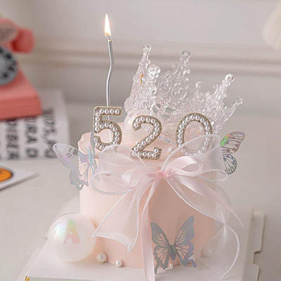 唯美520情人节水晶皇冠蛋糕装饰摆件520珍珠插件情侣表白幻彩蝴蝶