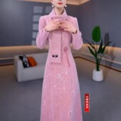 十三行送围巾秋冬高端中式 国风复古重工提花改良旗袍优雅连衣裙女