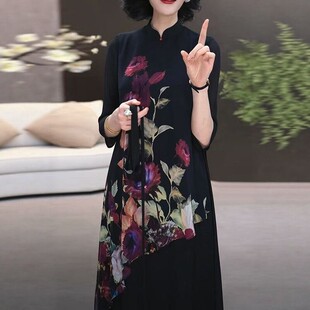 夏季高端时尚轻奢高级感新中式国风复古改良旗袍假两件印花连衣裙
