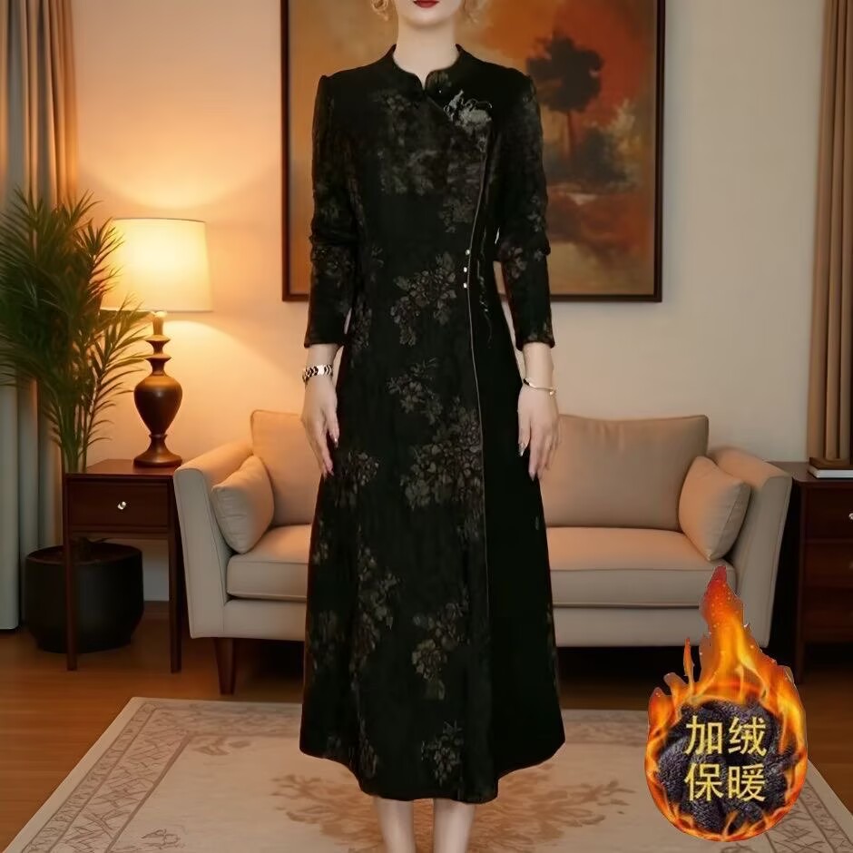国风提花加绒加厚改良旗袍连衣裙