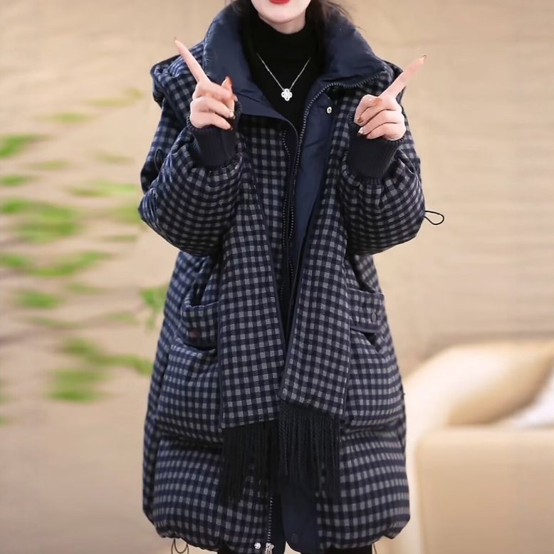 高档轻奢格纹精纺羽绒棉服外套女