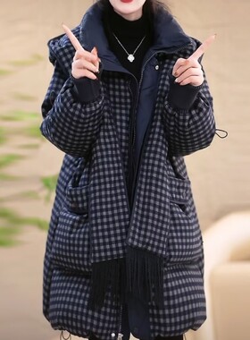 高档轻奢格纹精纺羽绒棉服外套女
