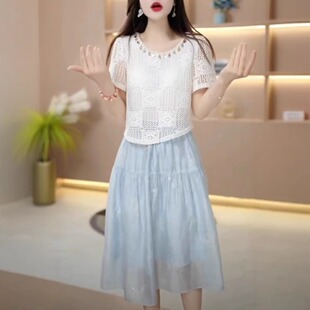 高端时尚轻奢重工钩花刺绣假两件拼接裙女收腰显瘦遮肉减龄连衣裙