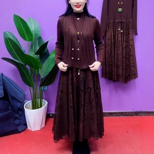 高端时尚 轻奢高级感针织马甲小外套 蕾丝拼接裙两件套女毛衣套装