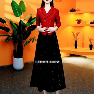 秋季新款高端时尚轻奢高级感满天星显瘦收腰气质优雅假两件连衣裙