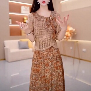 轻奢高级感小香风钩花刺绣上衣 连衣裙两件套女 高端时尚 春秋新款