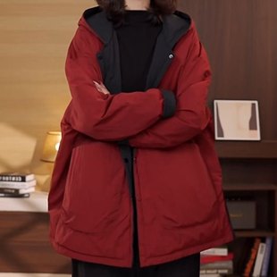 秋冬高端双面穿夹棉加厚羽绒棉服女百搭中长款 连帽保暖大衣外套女