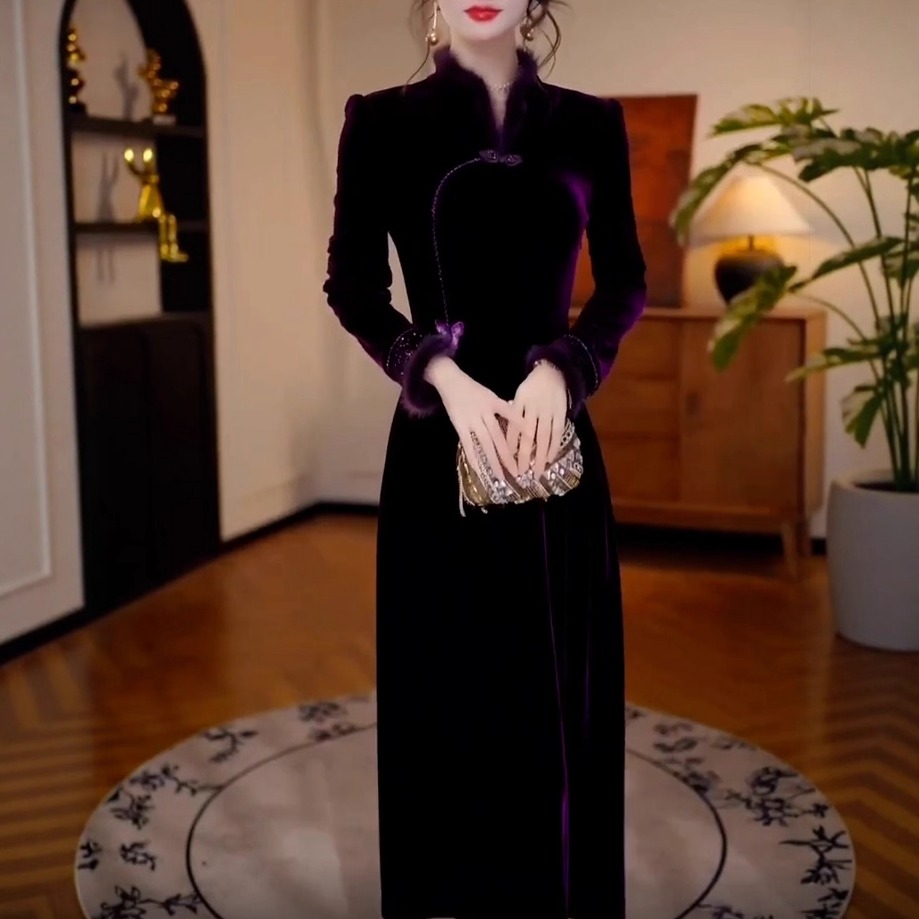 珠片刺绣改良旗袍气质优雅连衣裙