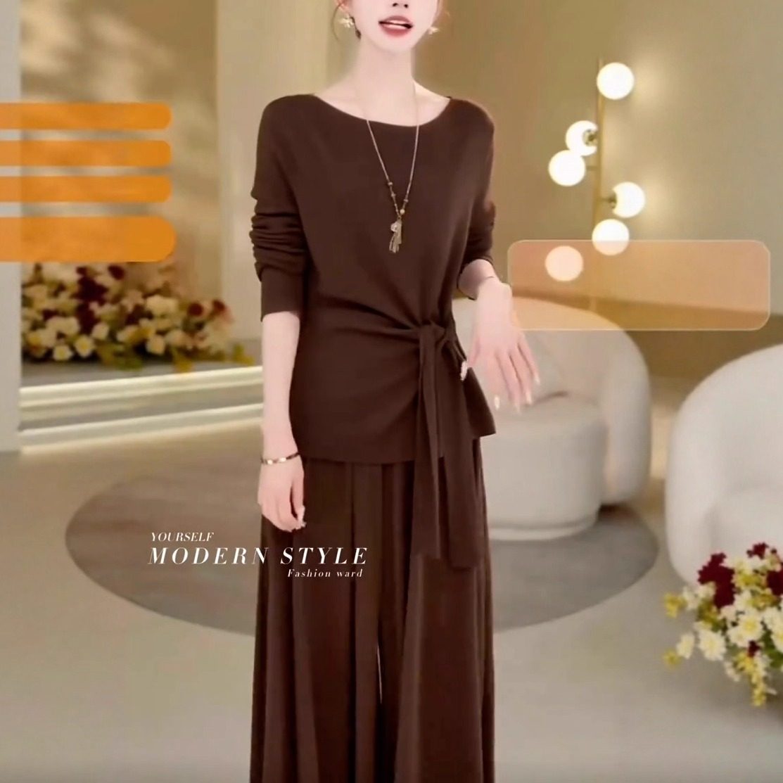 秋冬高端时尚轻奢高级感针织系带上衣+阔腿裙裤两件套女毛衣套装,女装/女士精品,时尚套装,淘宝优惠券,粉丝福利购,淘宝优惠卷