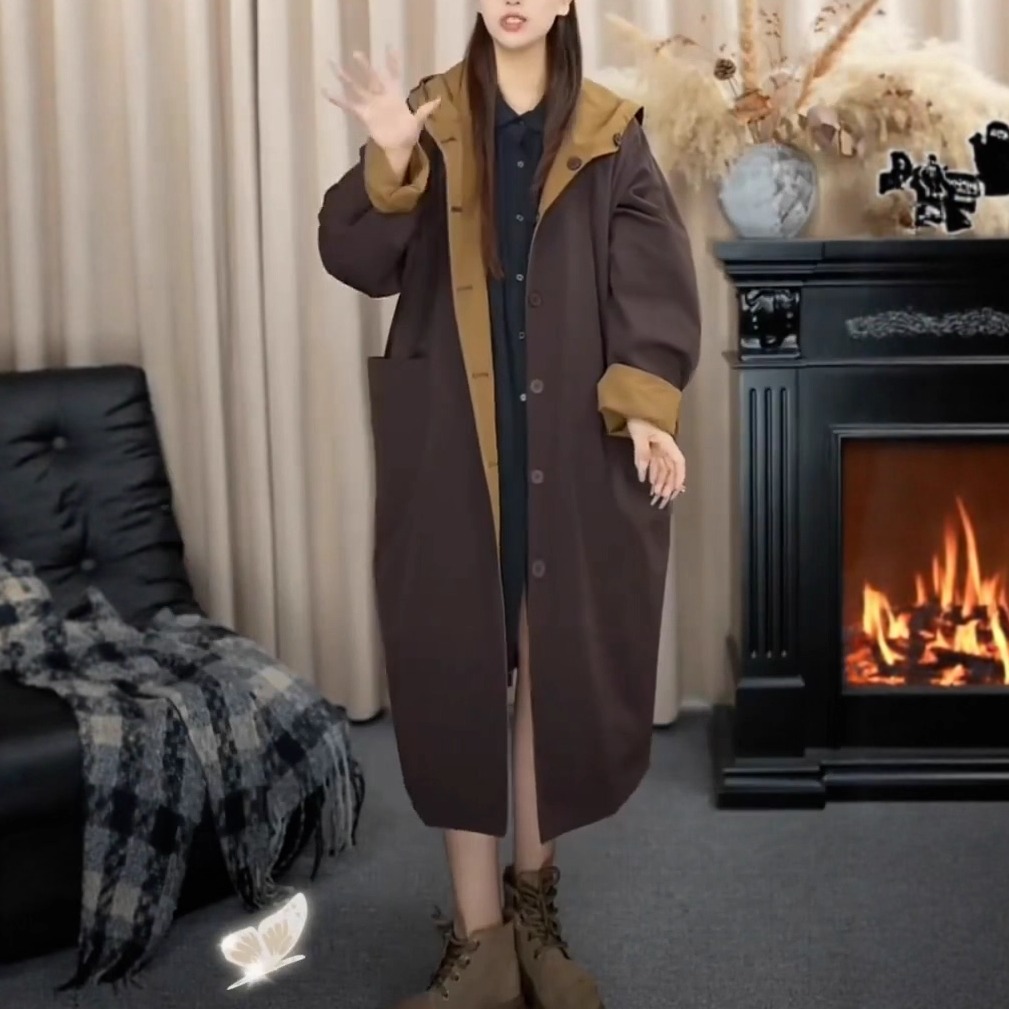 宽松大口袋风衣外套女两面穿大衣