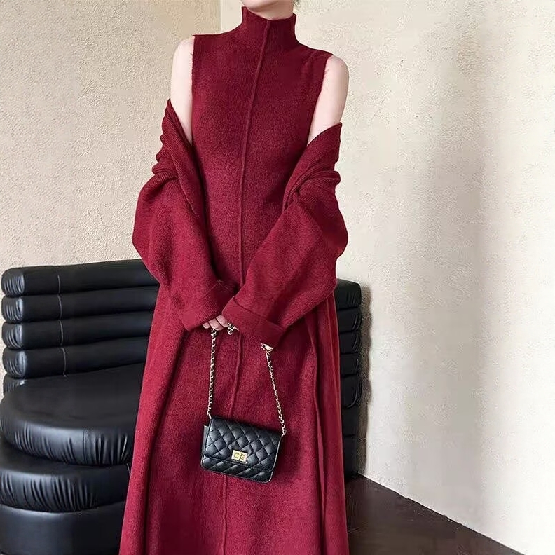 毛衣连衣裙+针织风衣外套两件套