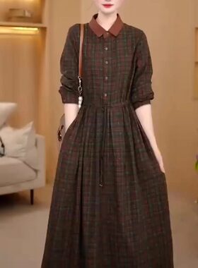 高级感文艺复古格子长袖棉麻裙女