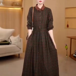 高端时尚 棉麻裙女宽松显瘦遮肉连衣裙 轻奢高级感文艺复古格子长袖