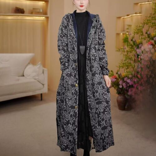 连帽印花风衣女棉麻保暖大衣外套