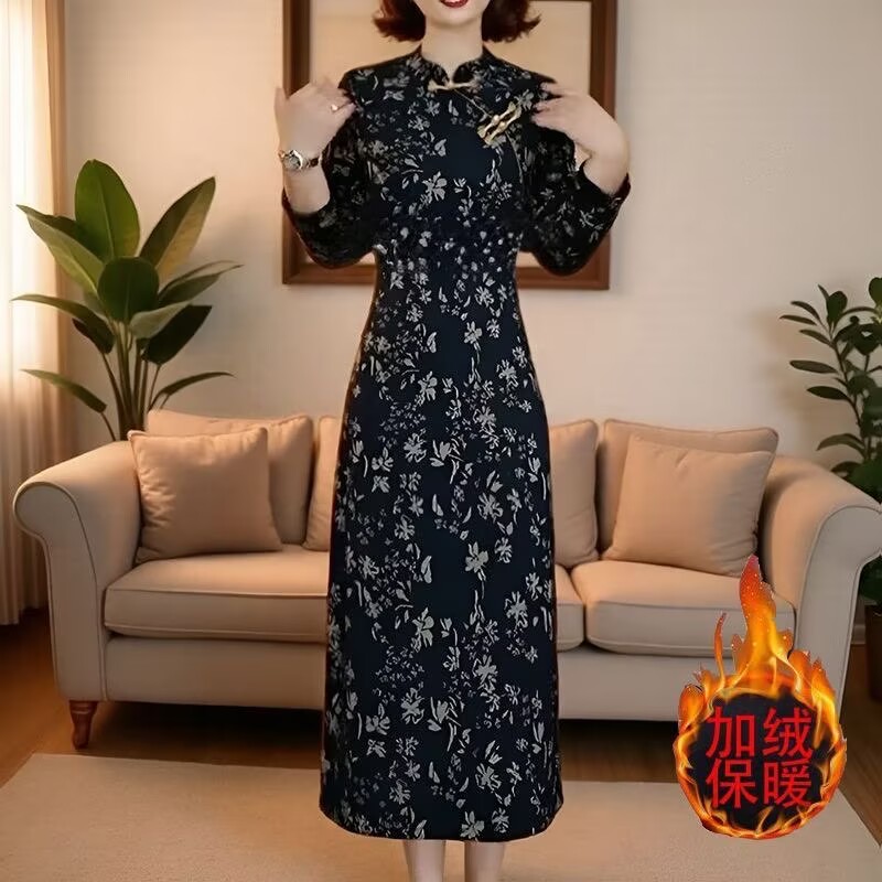 国风提花加绒加厚改良旗袍连衣裙