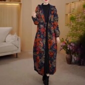 秋冬高端民族风复古加绒加厚连帽长款 印花风衣女棉麻保暖大衣外套