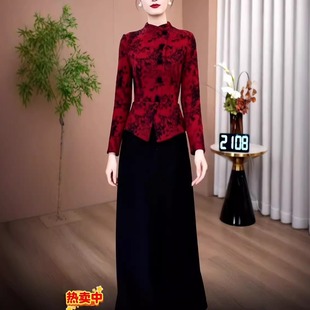 秋冬高端时尚轻奢高级感红色印花长裙女假两件新中式国风连衣裙女