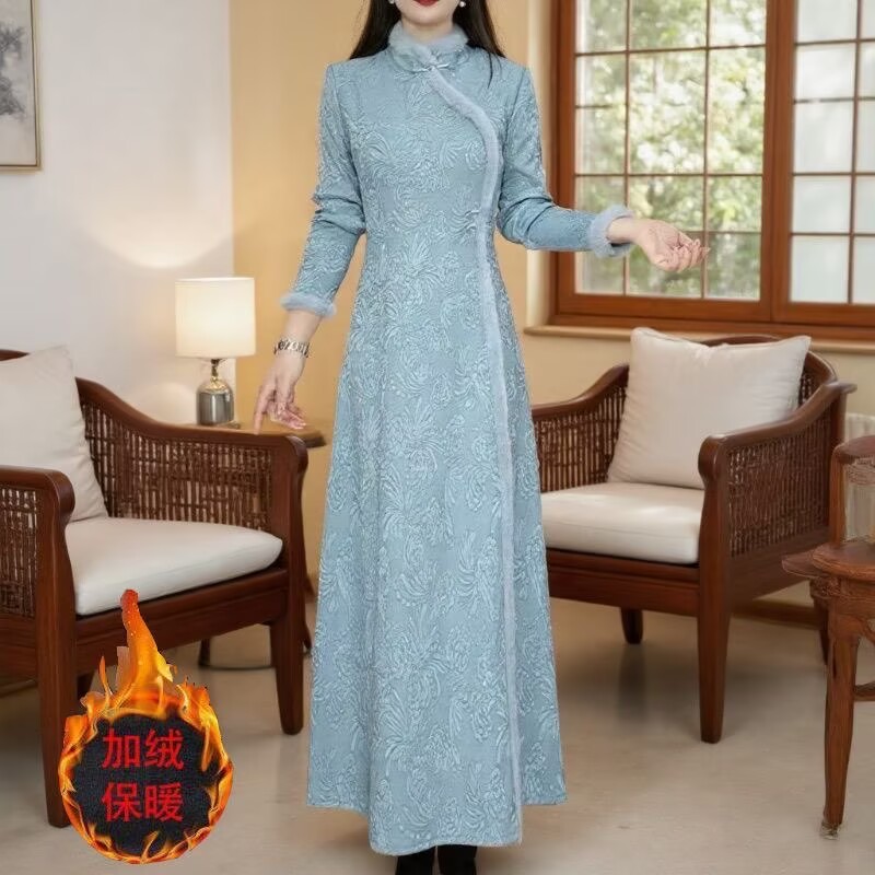 国风提花加绒加厚改良旗袍连衣裙