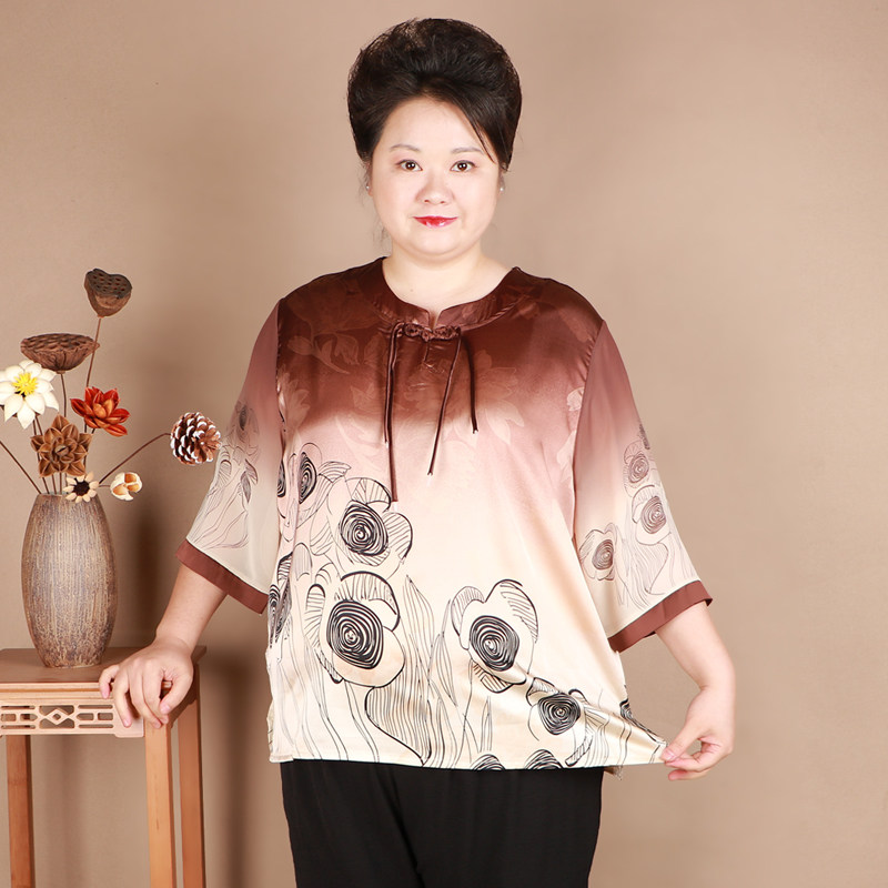 胖妈妈夏装仿真丝短袖T恤中老年女特大码雪纺洋气小衫宽松版上衣