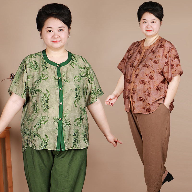 胖妈妈夏装短袖套装2025新款中老年女宽松大码上衣裤子两件套