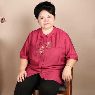 中老年女装加肥加大码重视绣花短袖衬衫胖妈妈纯棉麻夏季T恤上衣