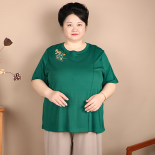 胖妈妈加肥加大中老年女装阔太太加肥弹力绣花短袖T恤衫夏装新款